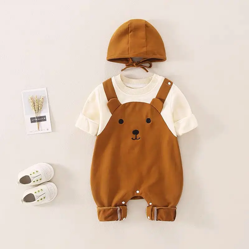 Baju bayi baru lahir, Jumpsuit Super lucu, warna kontras suspender dan tudung luar ruangan dengan topi musim gugur