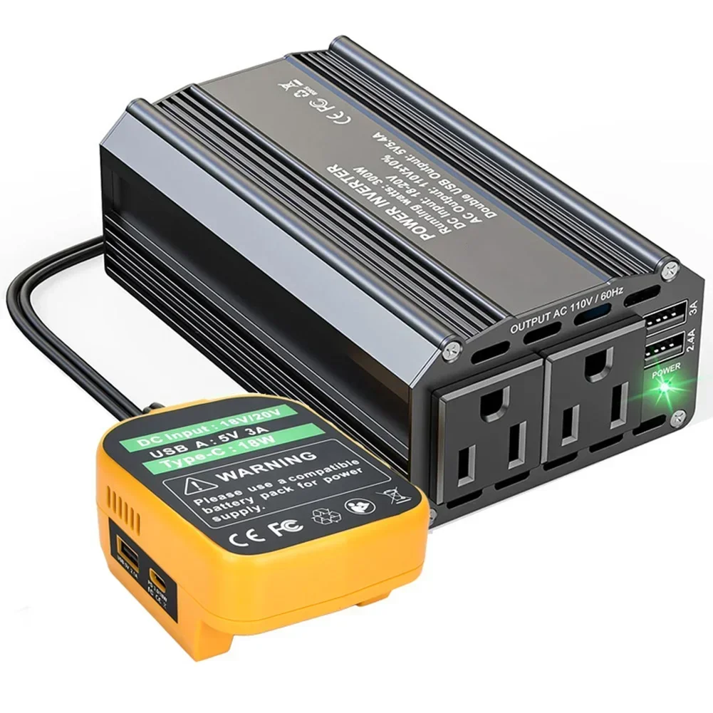 Compact 300W 18V to 110V Inverter with Dual USB and AC Outlets for 20V Battery For Powered Tools and Electronics