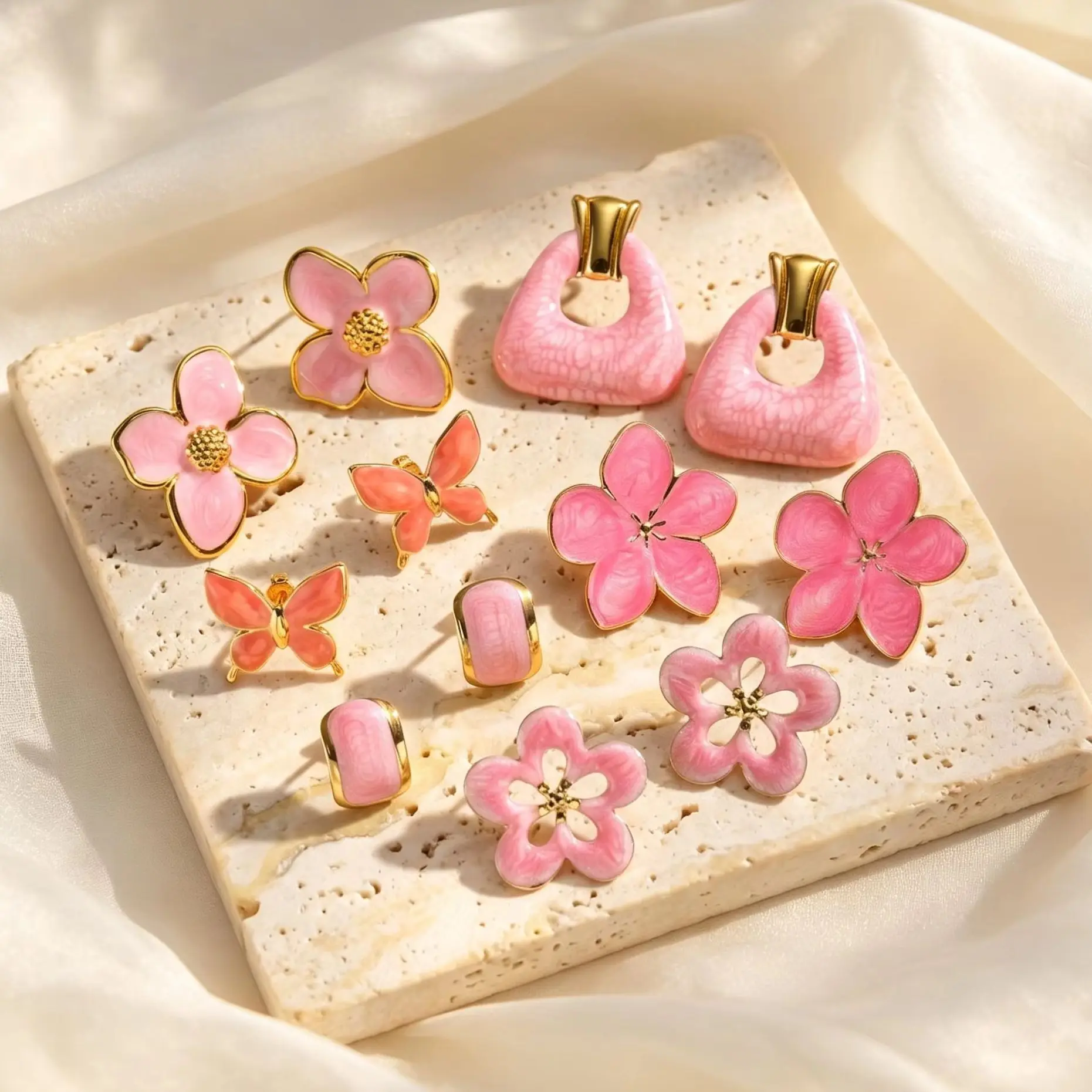Stylish Pink Earrings for Women, Gold Plated Geometric Flower Enamel Stud Earrings, Stainless Steel Floral Piercing Jewelry Gift