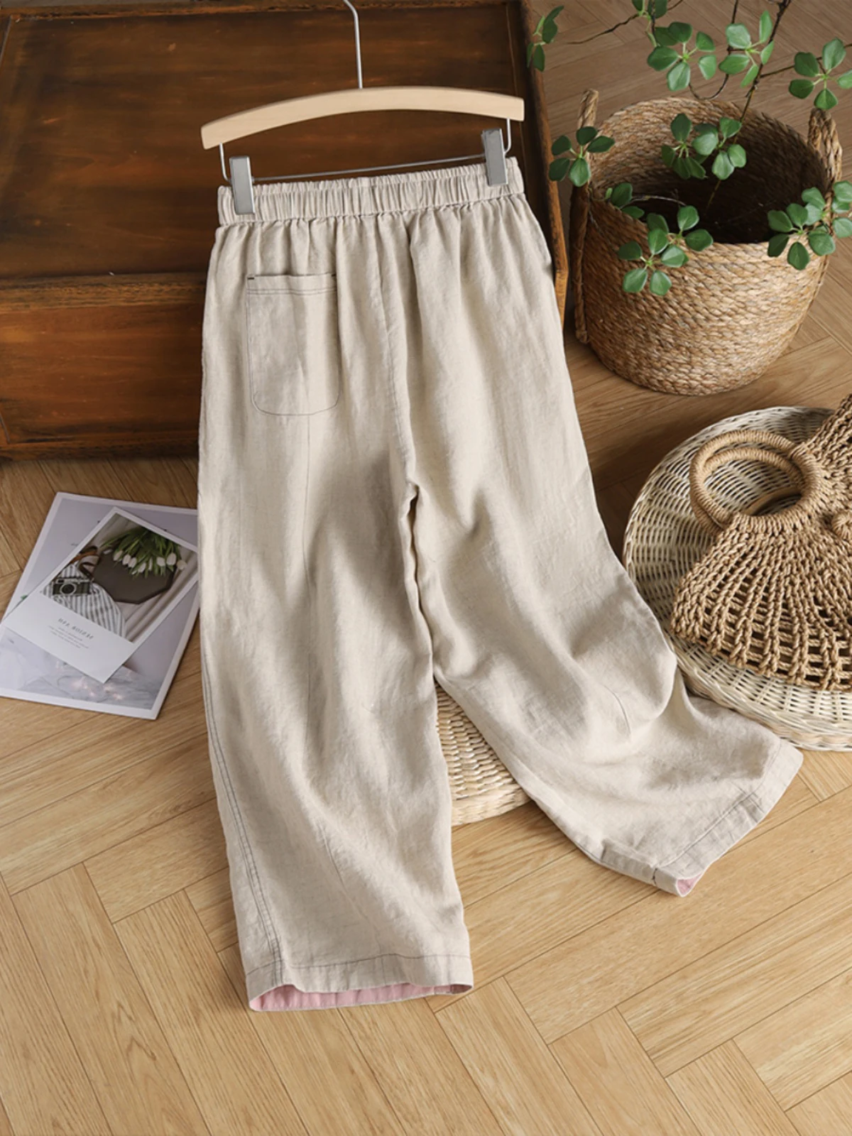 Retro Pure Color Cotton Linen Wide Leg Pants Summer plus Size Women's Faionable Elastic Waist Casual Straight Nine-Piece Pants
