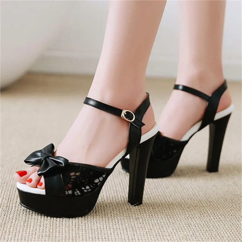 Women Summer Lace Bow Mesh Shoes Fish Mouth High Heel Ladys Platform Sandals Evening White Dress Wedding Female