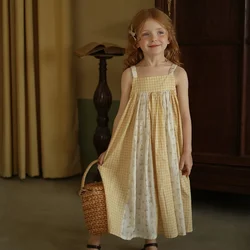 Ropa de verano para niños, vestido de tirantes con estampado de flores a cuadros, sin mangas de retazos, vestidos de princesa dulces, ropa para 1-7T