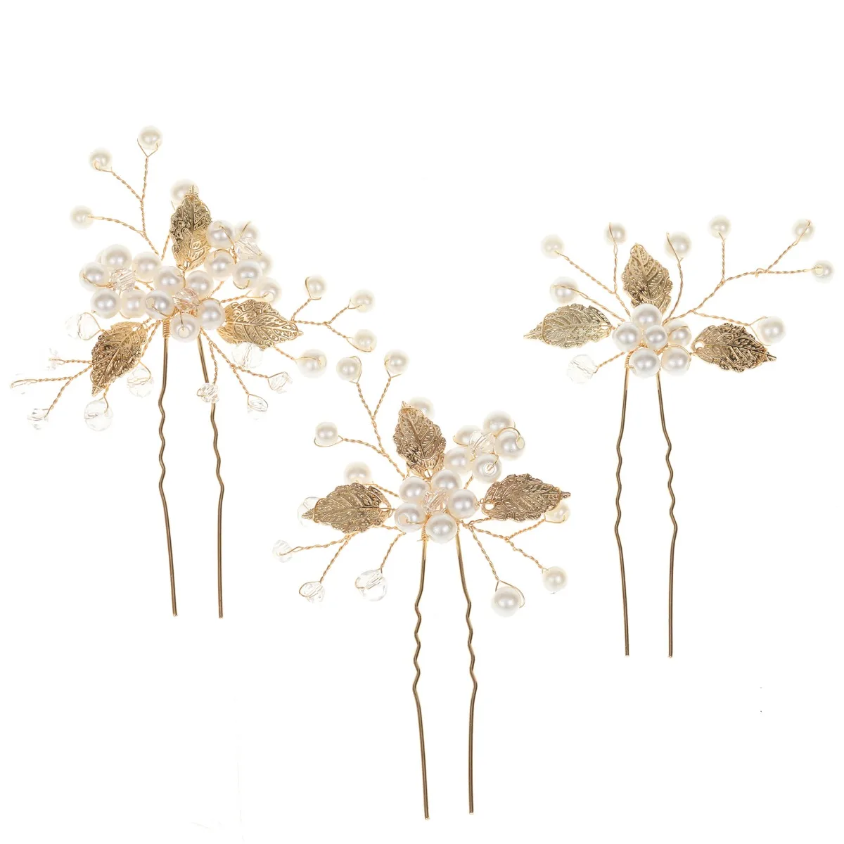 Elegante conjunto de grampos de cabelo 3 peças em forma de u ouro prata folha pérola clipes pino headpiece moda feminina acessórios para o cabelo