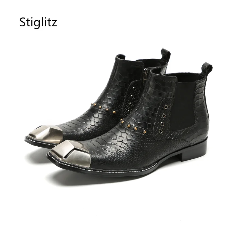 Square Toe Genuine Leather Men's Boots Metal Head Side Zipper Buckle Black Ankle Boots Wedding Office Shoes Wear-Resistant