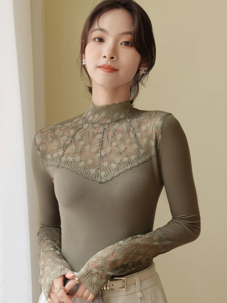 الجوف خارج محبوك البلوزات البلوفرات النساء ربيع الخريف الدانتيل البلوزات قمصان عادية كم طويل المرقعة الياقة المدورة سليم القمم