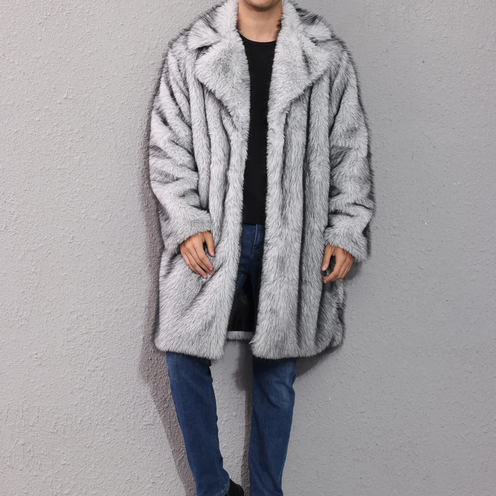 

Men's Autumn Winter Faux Fur Coat Long Sleeve Turn Down Collar Open Front Jacket