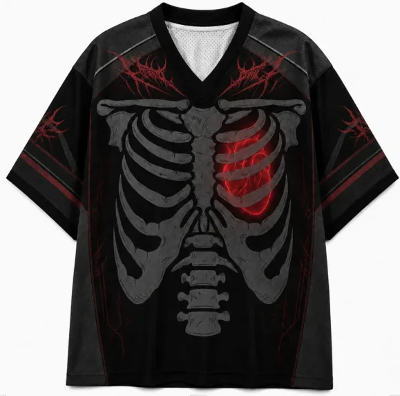 Dark Skeleton Chest Red Heart Printed V-neck Shirt Short Sleeve Subcultural Punk Heavy Metal Loose Unisex Sports T-shirt