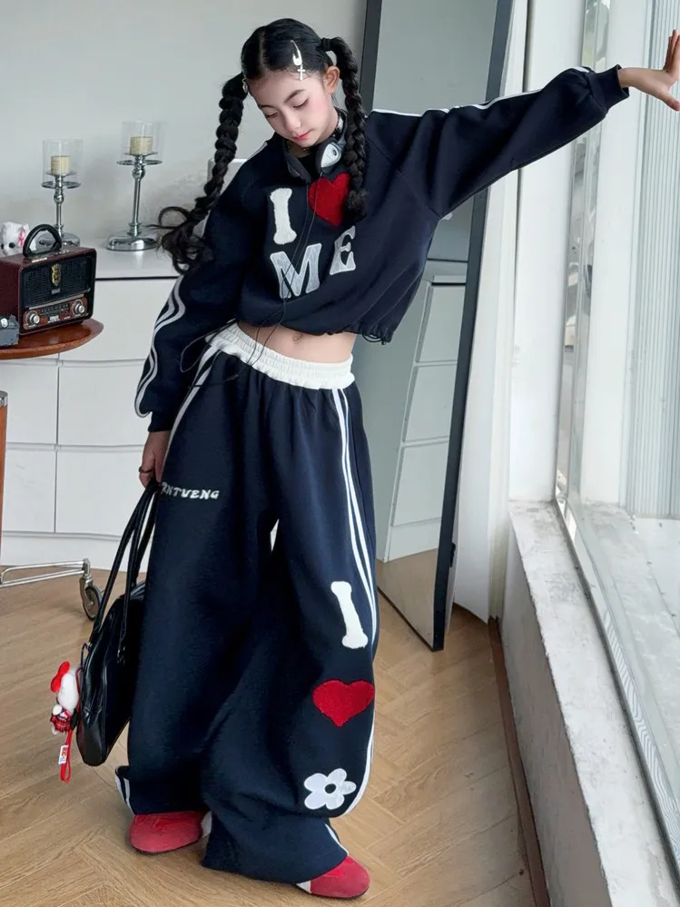 autumn 4-14 teen girls tracksuit set Love Hoodie+wide-leg pants