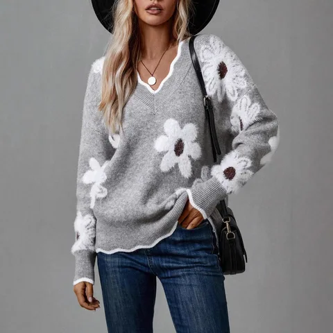 Джерси Invierno Mujer Damen Kleidung, осень-зима, универсальный свободный свитер, женский вязаный жаккардовый пуловер с v-образным вырезом и цветочным узором