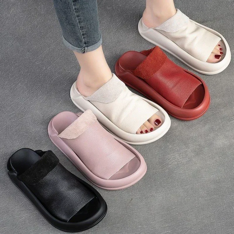 Cool Slippers for Women Summer 2023, New Vintage Soft Pu Leather Solid Color Half Trailer Casual Platform Slip on Slides Sandals