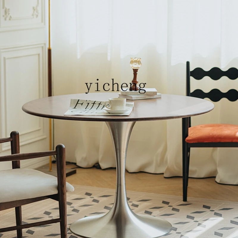 

ZK round table black walnut dining table 304 stainless steel solid wood household medium and ancient small apartment retro table
