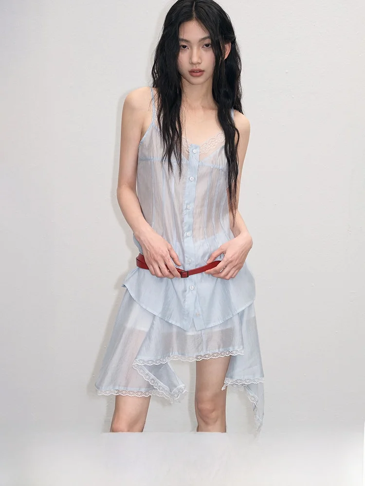 

Комплект Lvetong: Оригинальный дизайн, синяя юбка с V-образным вырезом, кружевными бретелями и асимметричным подолом, кружевная отделка, модный летний наряд для женщин