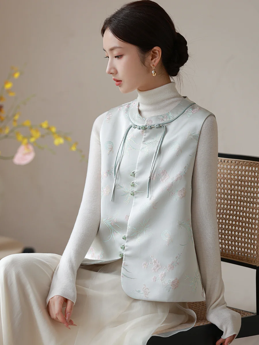

New Chinese Sle Women's Jaet National Sle Embroidery Autumn Winter New Sle Button Tang Suit Vest Polyester Fiber