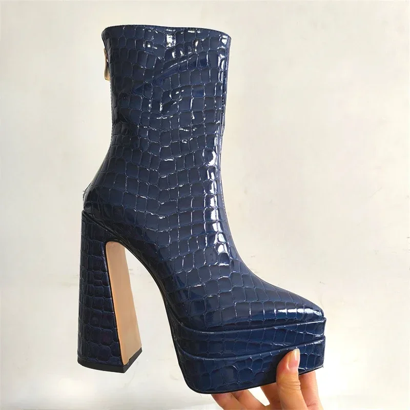 New Stone Pattern Rear Zipper Pointed End Short Boots European American Plush Warm Waterproof Platform Women Ankle Boots34-45