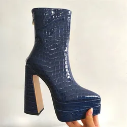 New Stone Pattern Rear Zipper Pointed End Short Boots European American Plush Warm Waterproof Platform Women Ankle Boots34-45
