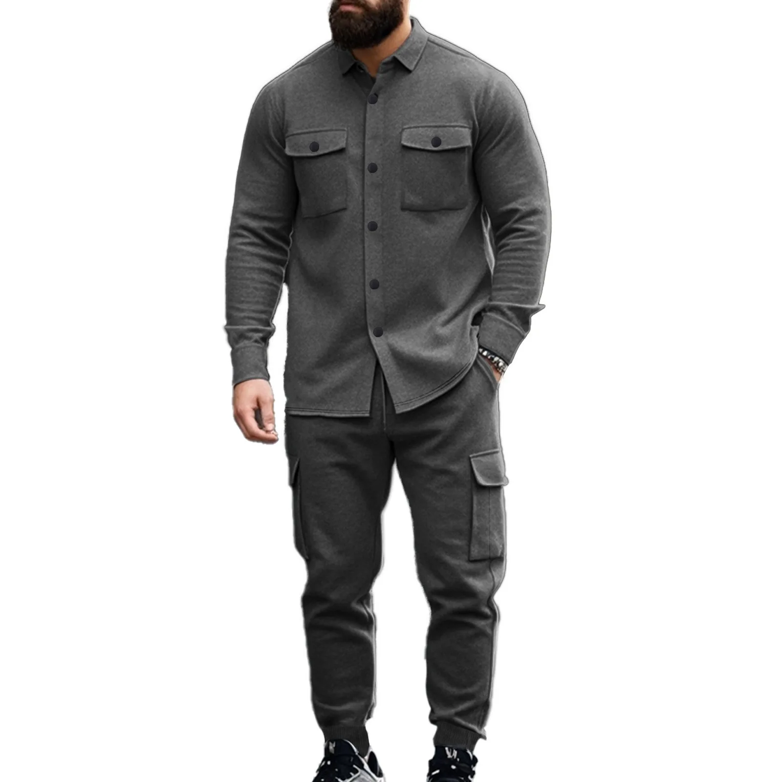 American heavyweight men's fleece tactical hunting lapel jacket set loose warm two-piece set