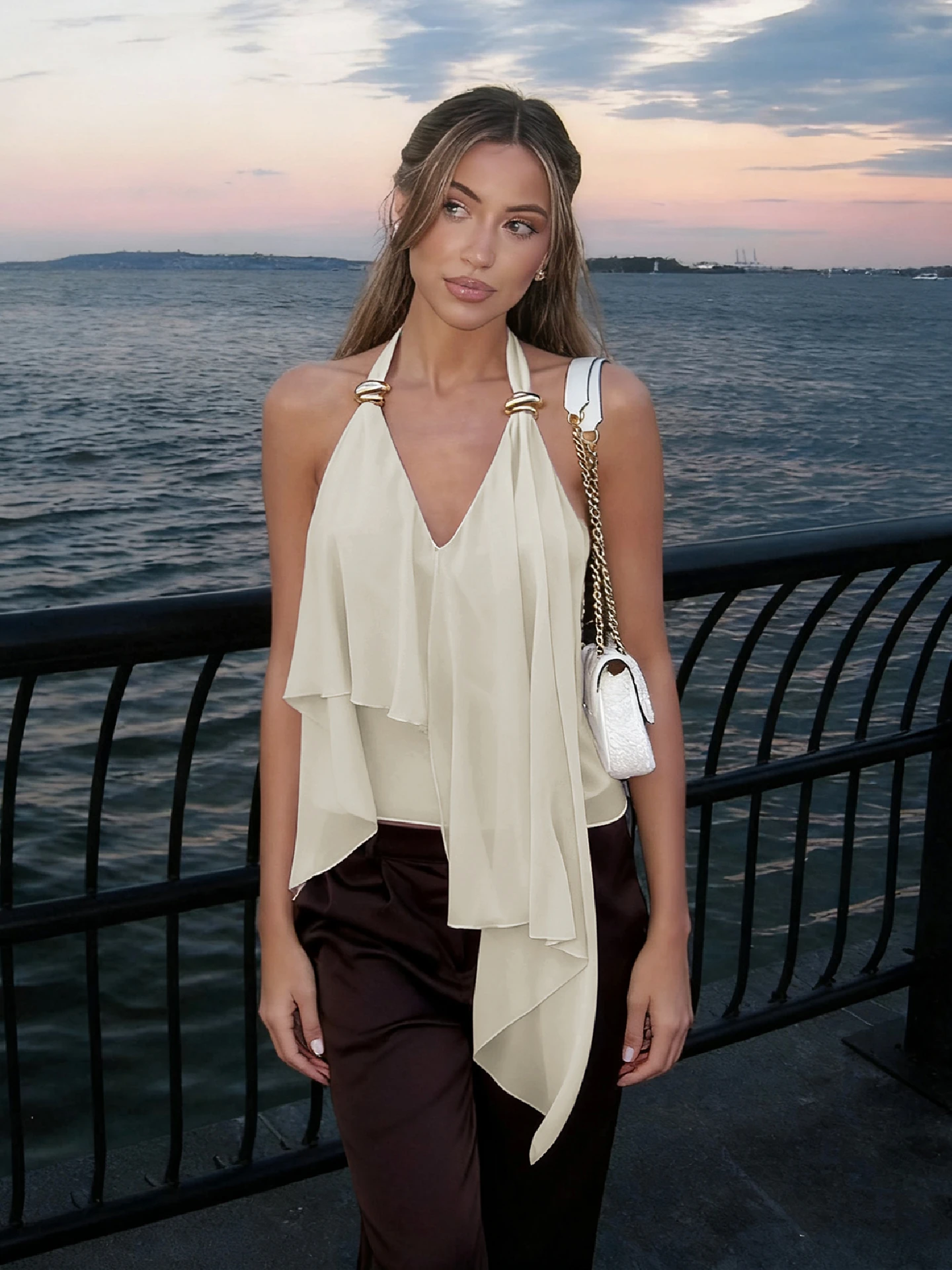 Hugcitar 2026 Chiffon Halter V Neck Ruffles Backless Ruched Sexy Slim Crop Tank Top Summer Spring Women Clothes Beach Vacation