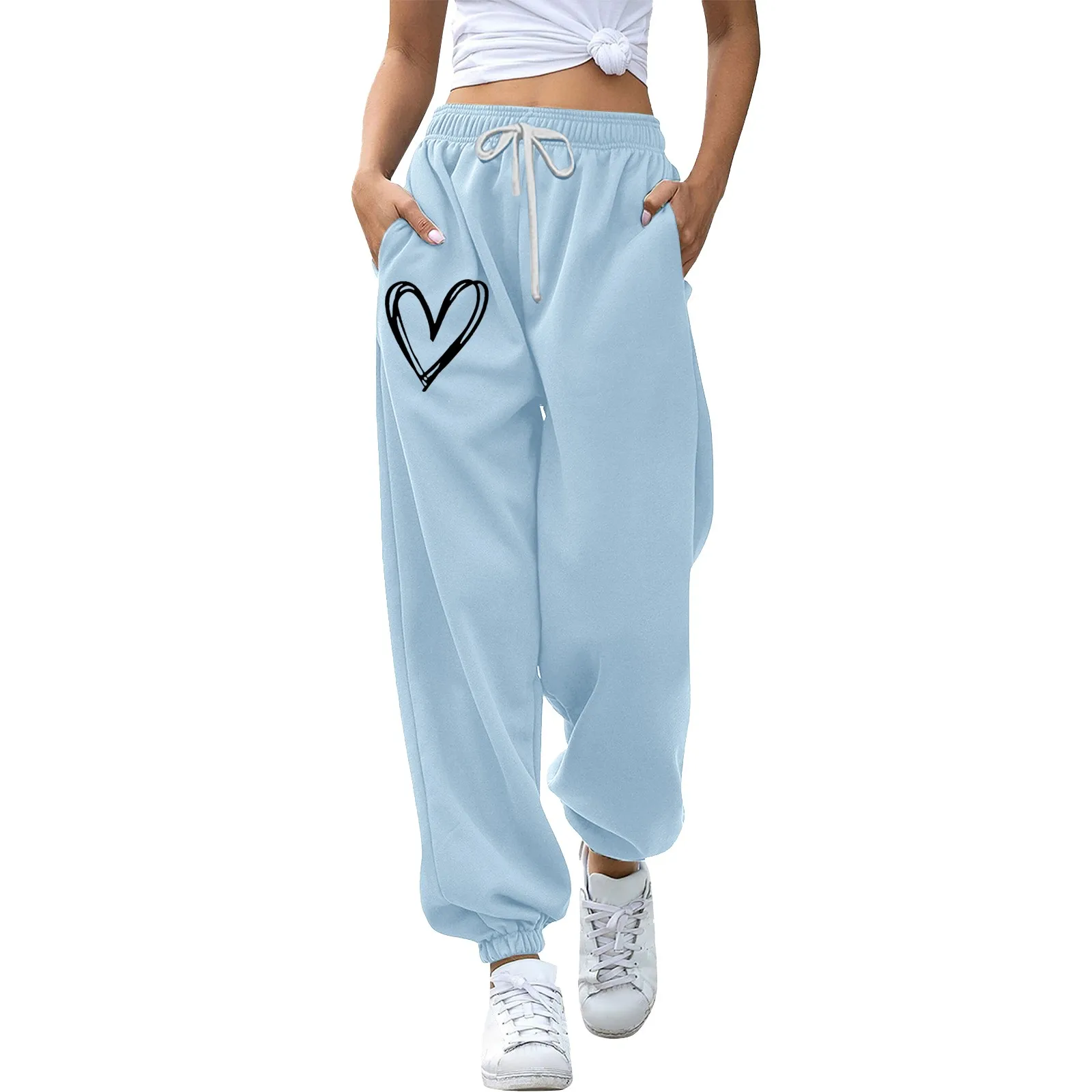 

Women'S Solid Heart Print Sweatpants High Waisted Drawstring Bloomer Joggers Pants Plain Comfy Workout Yoga Pants With Pockets