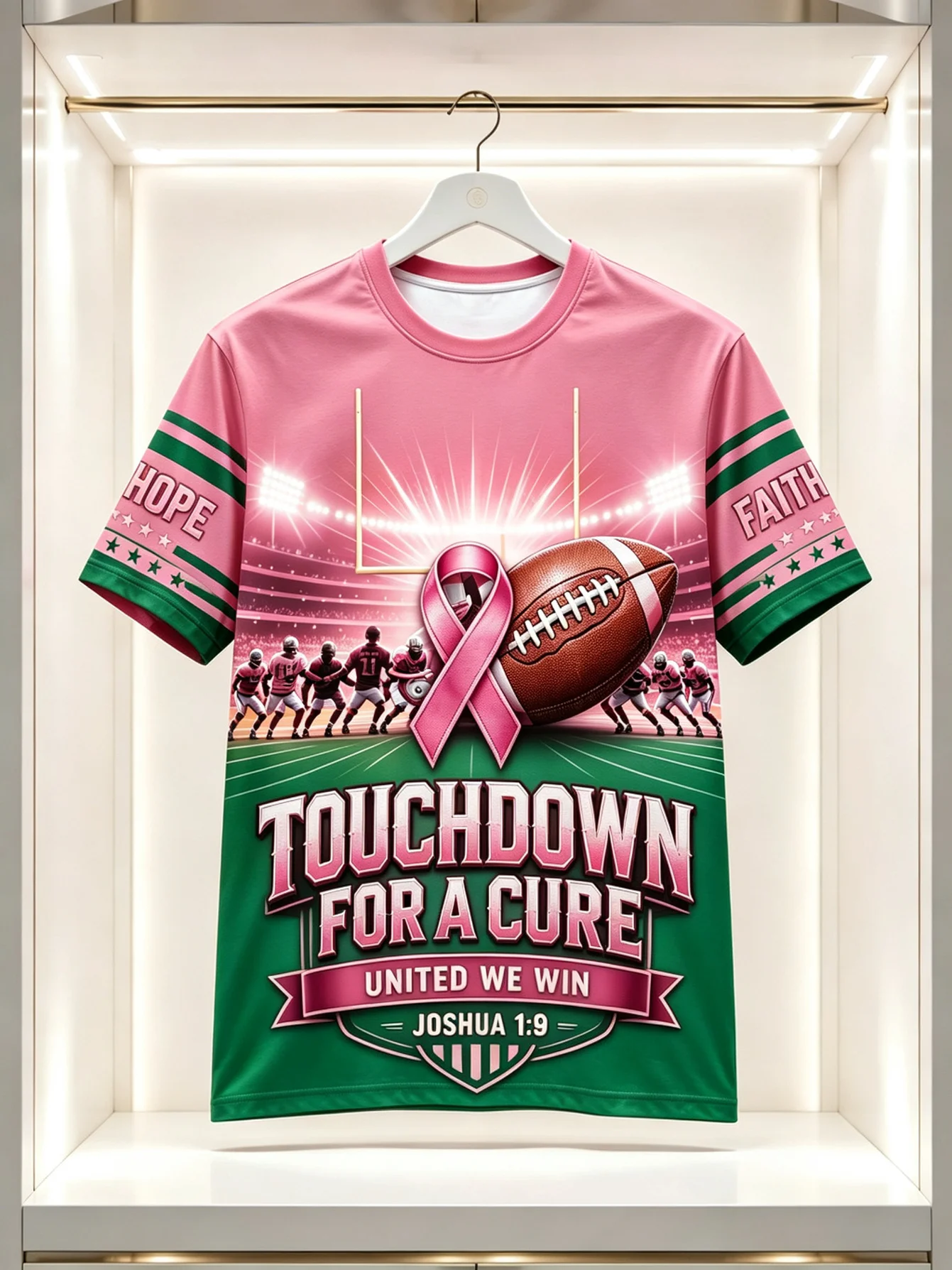 Men's Breast Cancer Awareness Rugby Print T-Shirt, Pink Ribbon Short-Sleeve Round-Neck Casual Home and Leisure T-Shirt