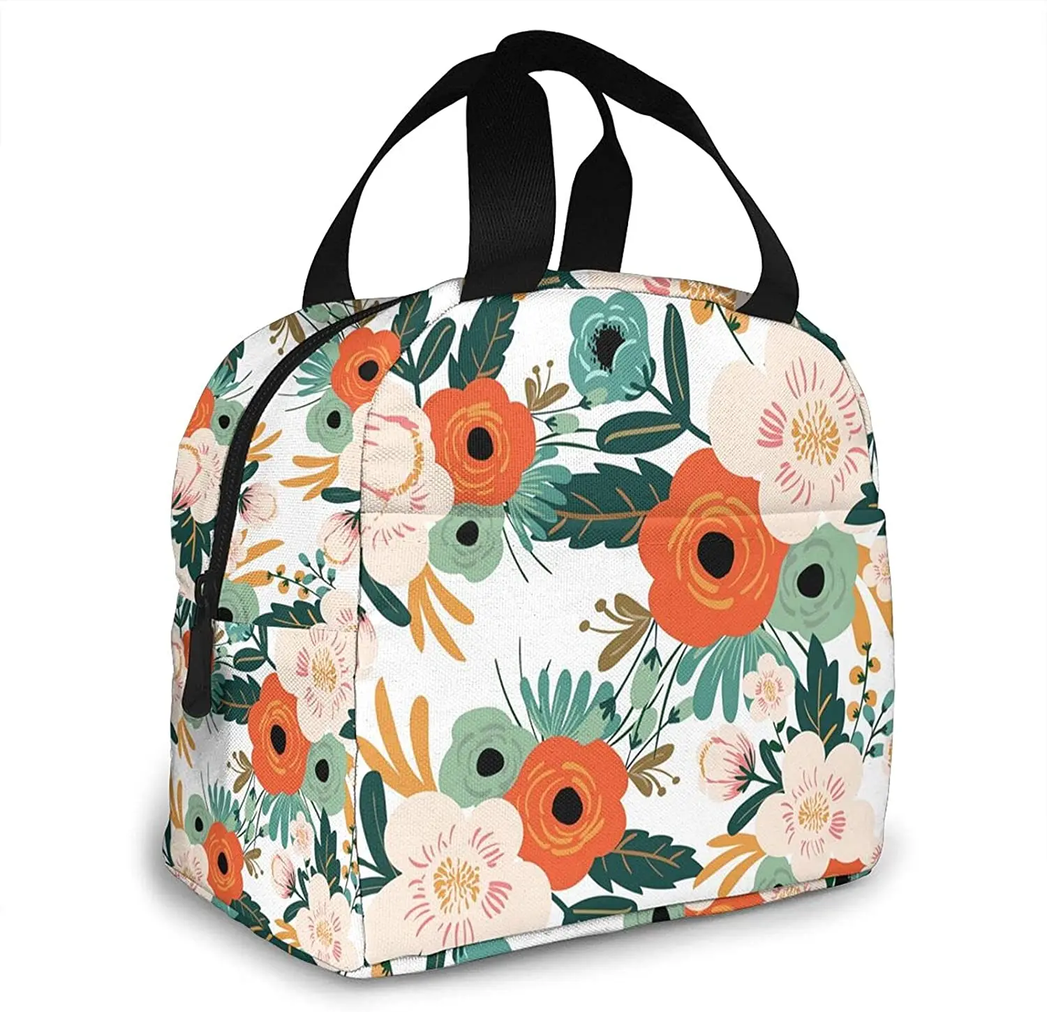 Orange Flowers Pattern Lunch Bag Women Girls Insulated LunchBox Portable Lunch Box Organizer Cooler Bags