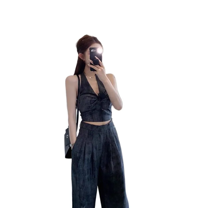 American Sweet and Cool Neck Hanging Vest Short Top Age Reducing Sexy Loose Pants Slimming Women's High-end Matching Set