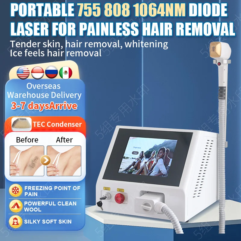 

New Portable Diode Laser 3 Waves 755 808 1064nm Diode Laser Body Face Hair Removal Machine 2000W Power