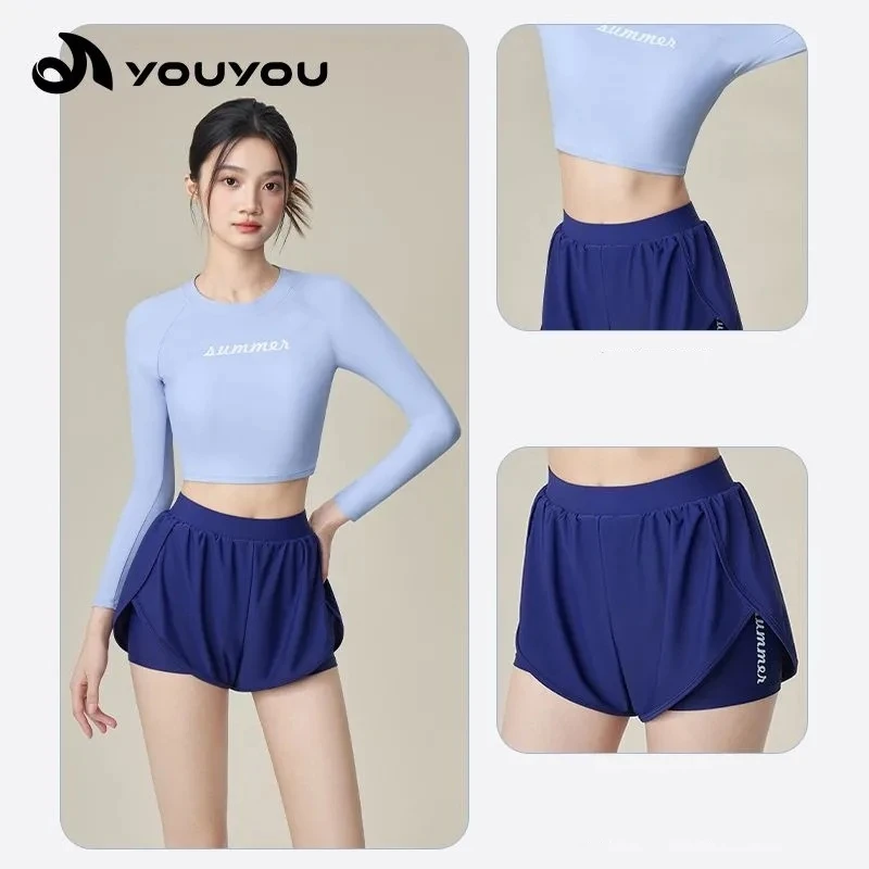 Women 2Pcs Long Sleeve WaterProof Beach Surfing Athletic Swim Shirt Trunks UV Protection Quick-Dry Sport Bathing Swim Rash Guard