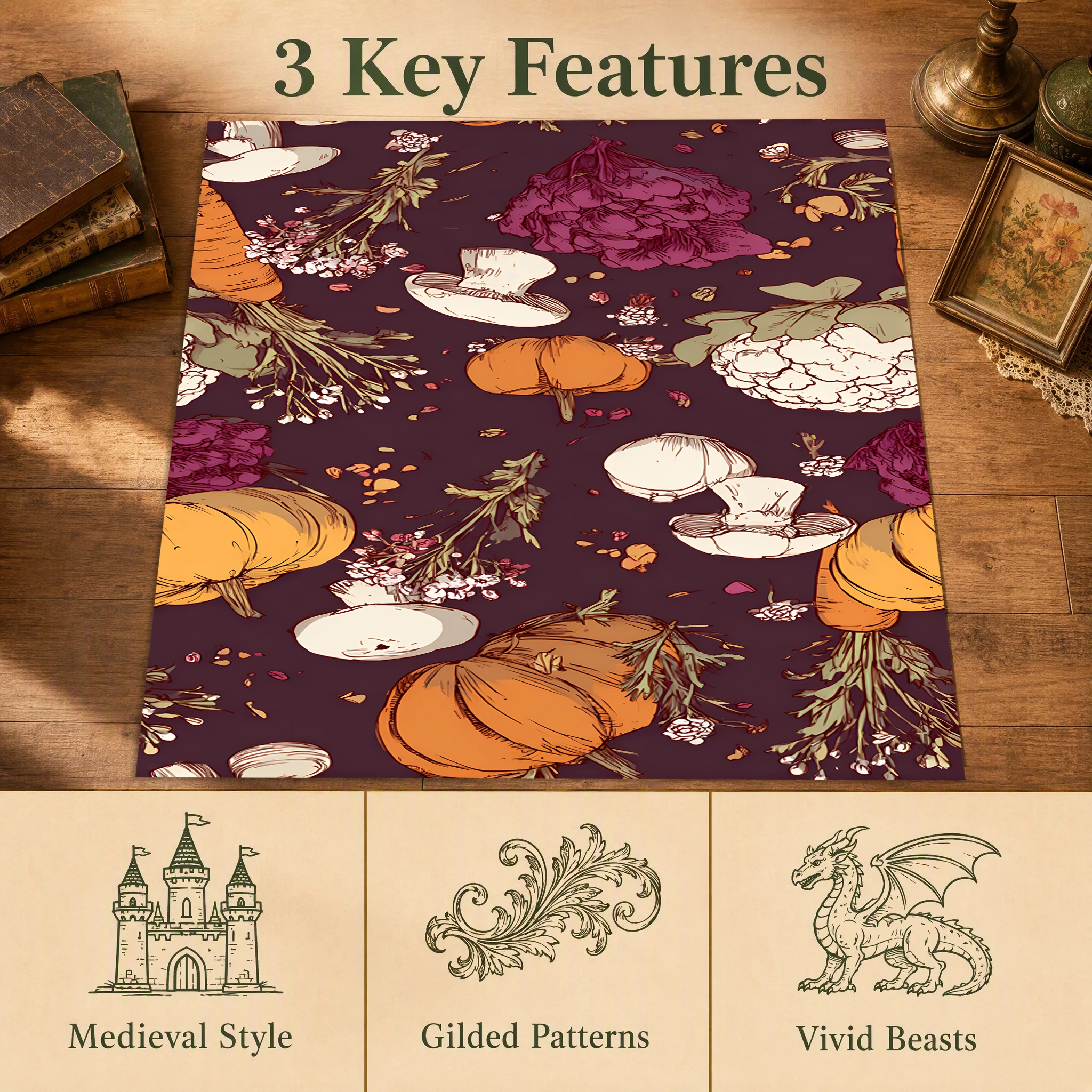 Harvest Vintage Pumpkin Mushroom Area Rug, Purple Background Vegetable Print, Autumn Winter Decor for Kitchen Living Room