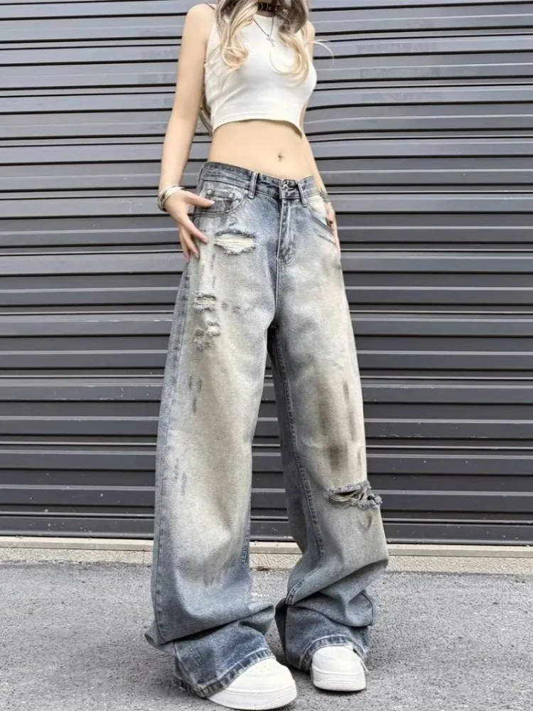 

Foufurieux Men Blue Ripped Jeans Harajuku Baggy Y2k Denim Trousers 90s Aesthetic Jean Pants Vintage 2000s Style Trashy Clothes