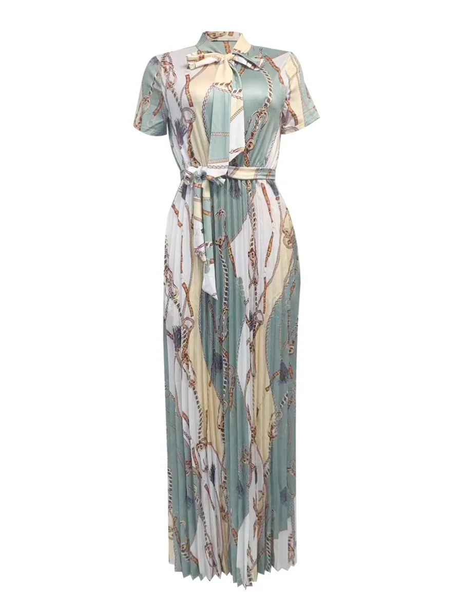LW-maxivestido con estampado de cadena y cuello de corbata, vestido de línea A plisado con diseño de vendaje, cinturón, manga corta, Patchwork