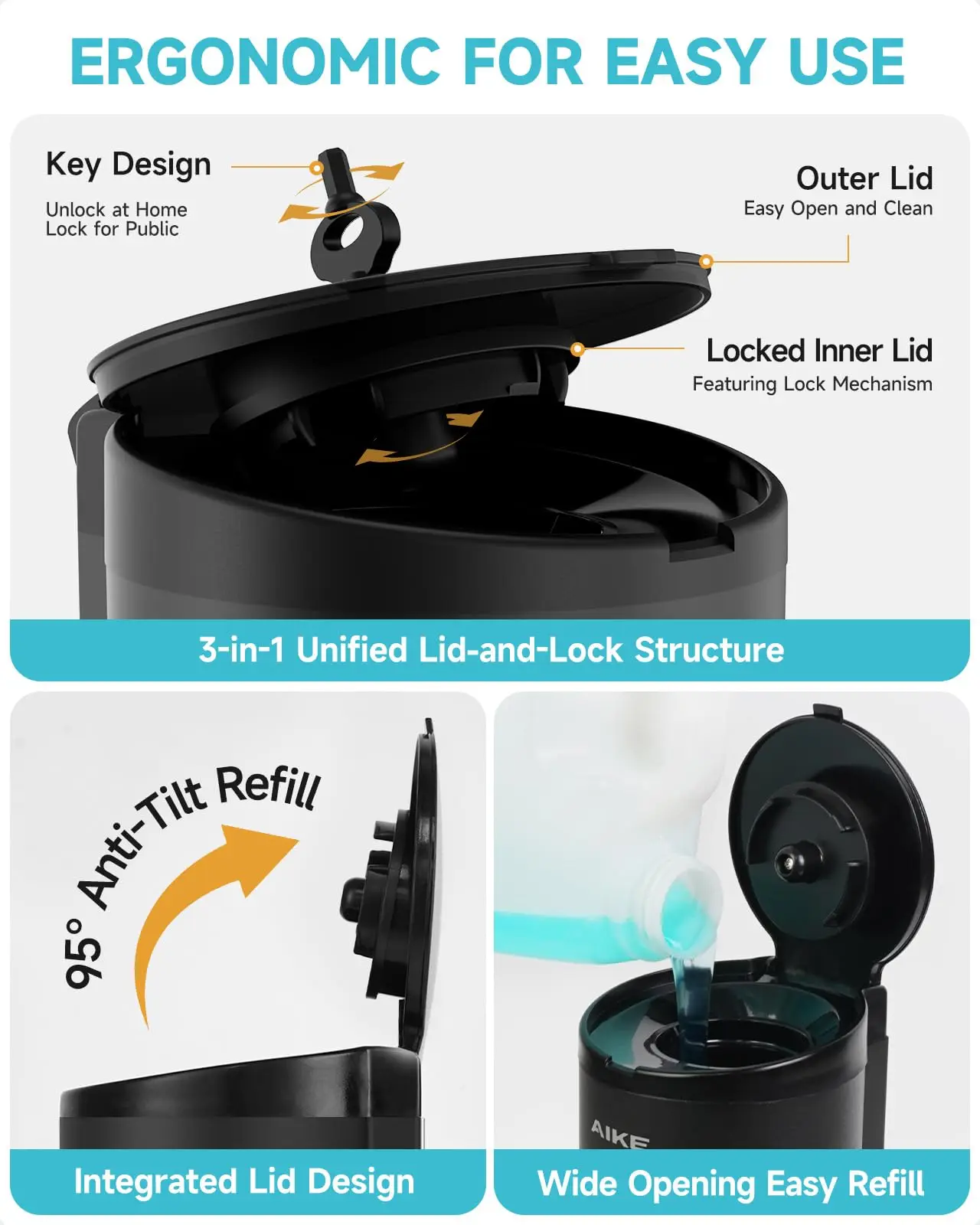 イケ自動壁掛け液体石鹸ディスペンサー、ステンレス鋼センサー、手指消毒剤、バスルーム、800ml