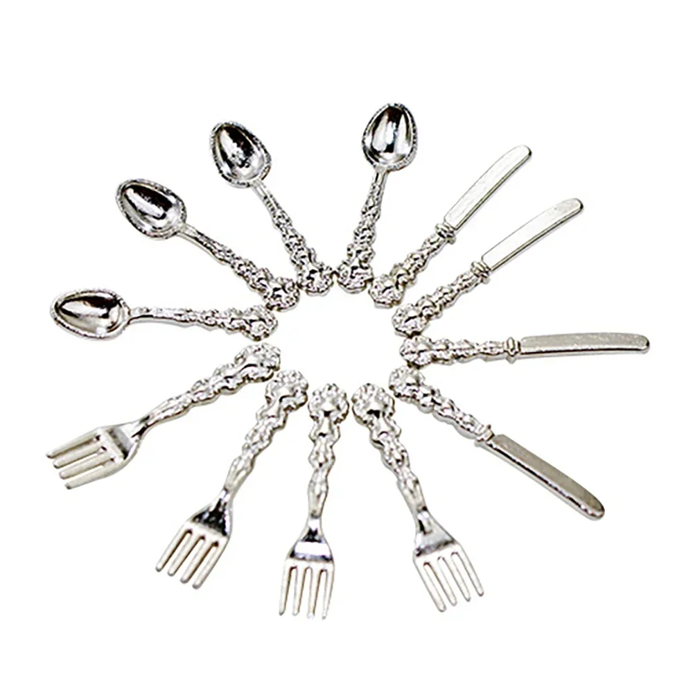 12Pcs 1/12 Doll House Miniature Metal Tableware Model Mini Kitchen Knife Fork Soup Spoon Toy Decoration Dollhouse Accessories