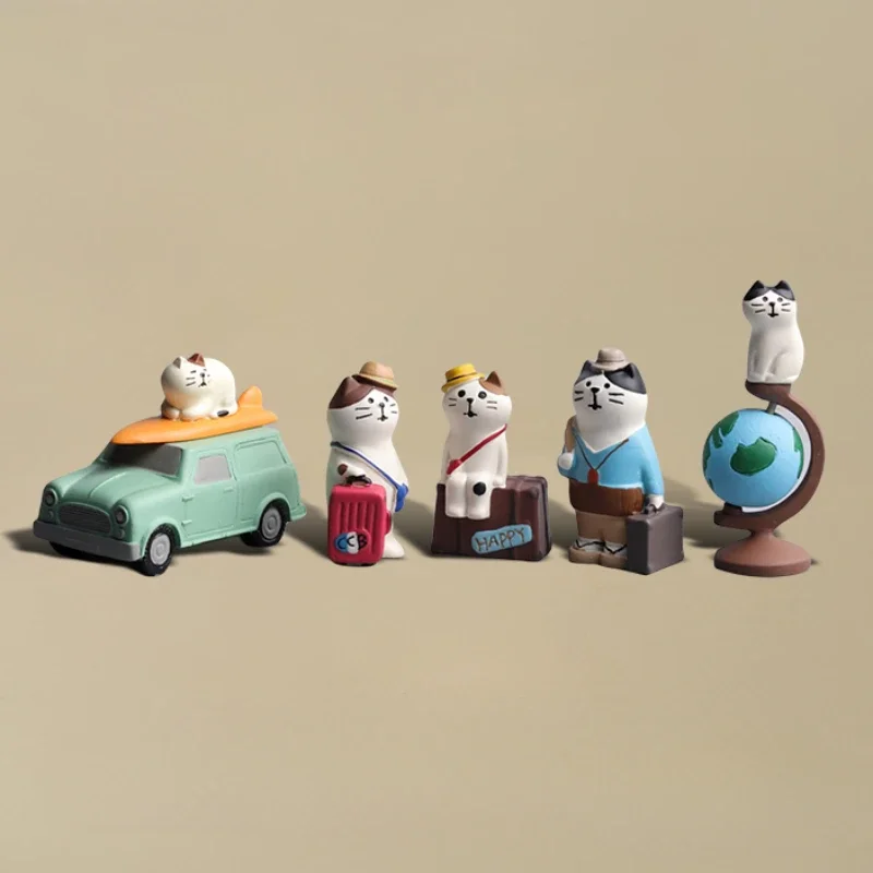 Retro Traveling Cat Resin Ornament with Red Luggage Room Decor Cat on Rotating Globe Office Figurines Car Center Control Decor