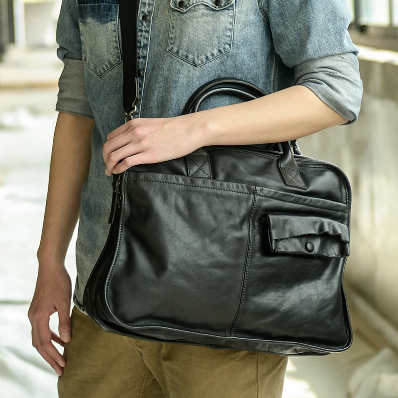 Maleta de couro preto macio masculino, bolsa casual high-end, sacos de negócios portáteis, seção transversal, bolsa de computador, retro