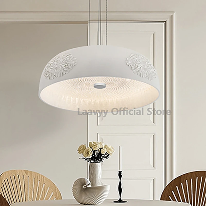 Classical White Round Ceiling Chandelier Relief Modern Dining Room Corridor Pendant Light Three-tone Dimming Resin Hanging Lamp