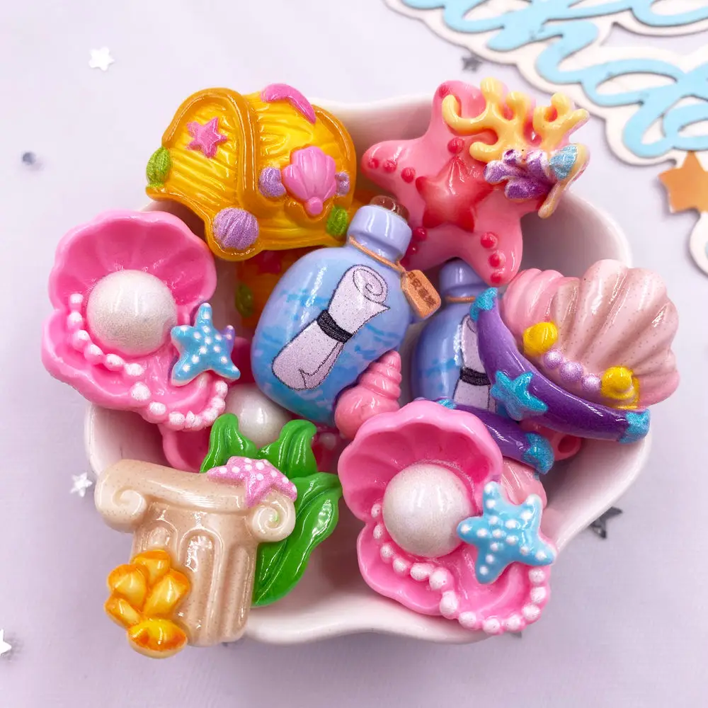 6pcs Colorful Resin Pearl Shell Starfish Seaweed Wish Bottle Treasure Chest 3D Figurines Flat back Scrapbook DIY Jewellery Decor