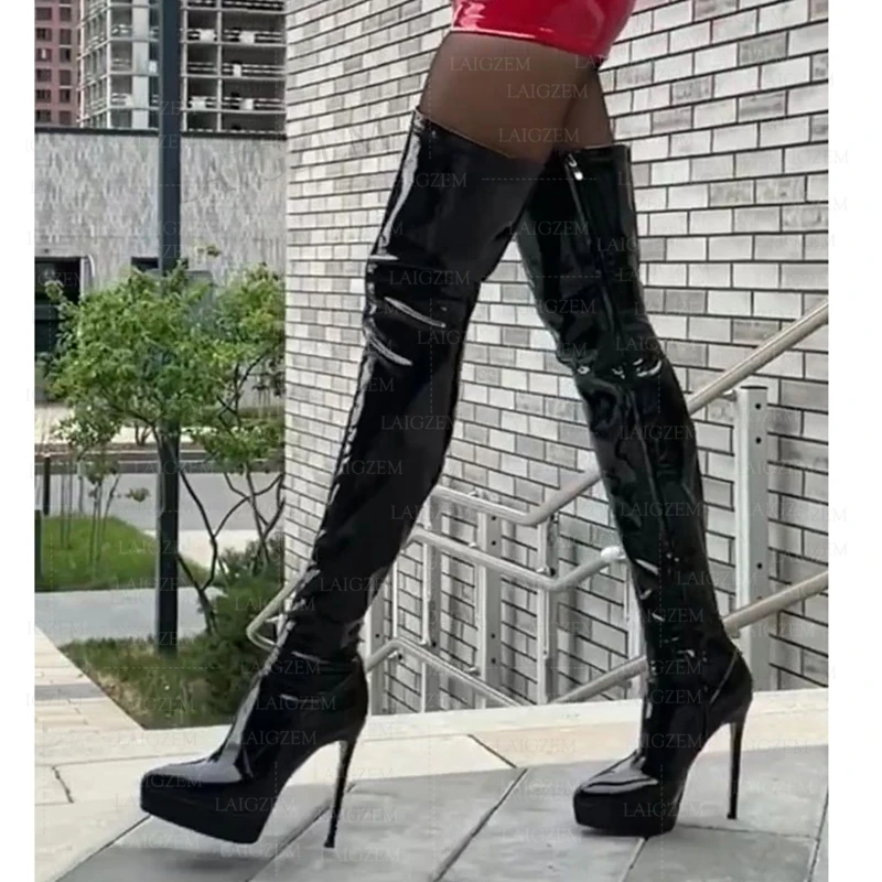 

BERZIMER Women Thigh High Heels Boots Stretchy Pointed Toe Thin High Heels Boots Over Knee Platform Shoes Woman Big Size 43 47