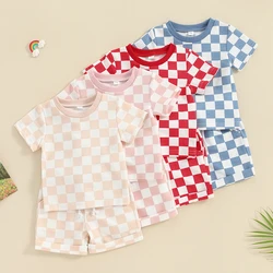 2023-12-19 Lioraitiin 0-3Y Toddler Baby Girl Summer Short Outfit Checkered Plaid Short Sleeve T-shirt Drawstring Shorts Set