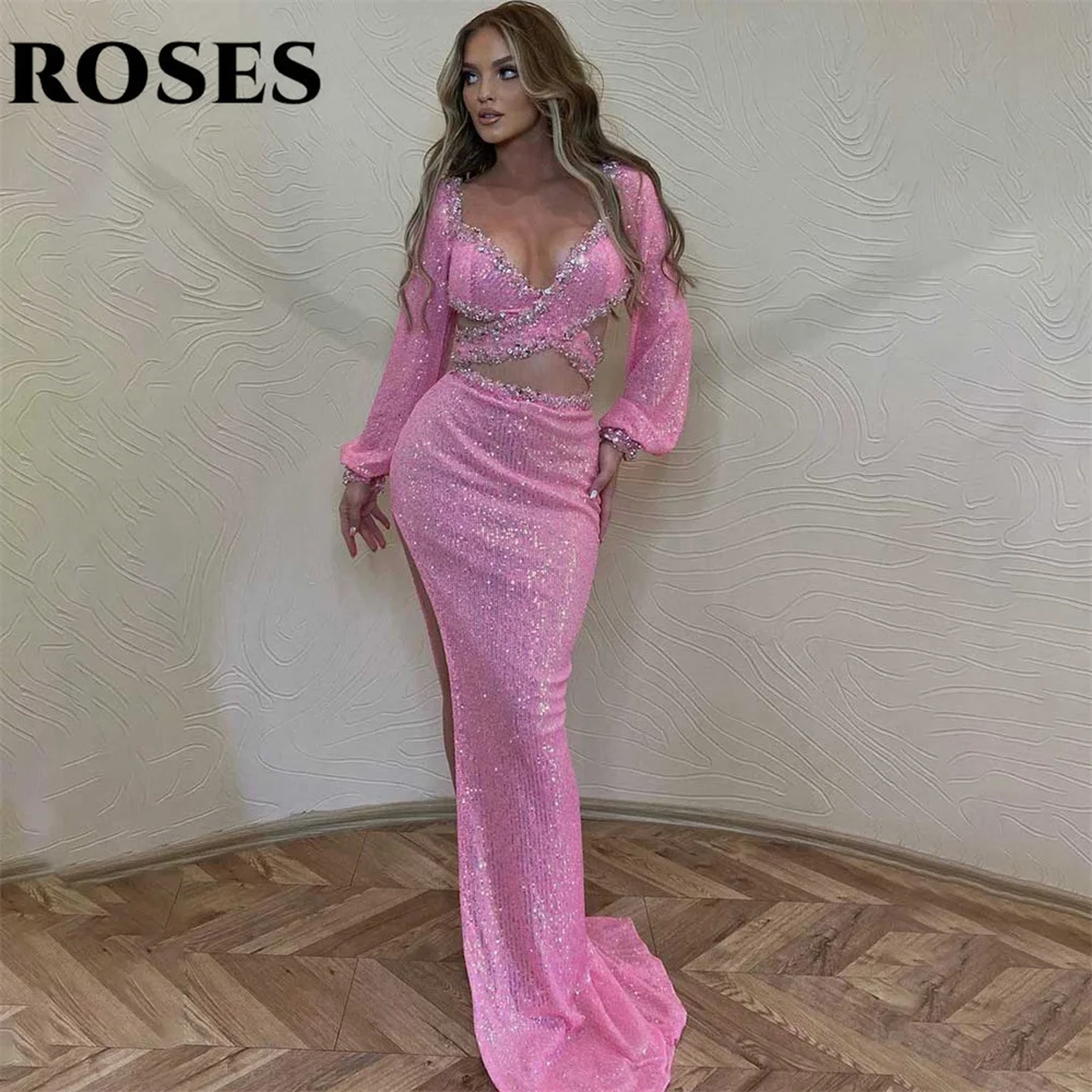 

ROSES Pink Prom Dress V-Neck Mermaid Satin Evening Dress Sequins Pleats Bodice Party Dress with High Side Split Robe De Soirée