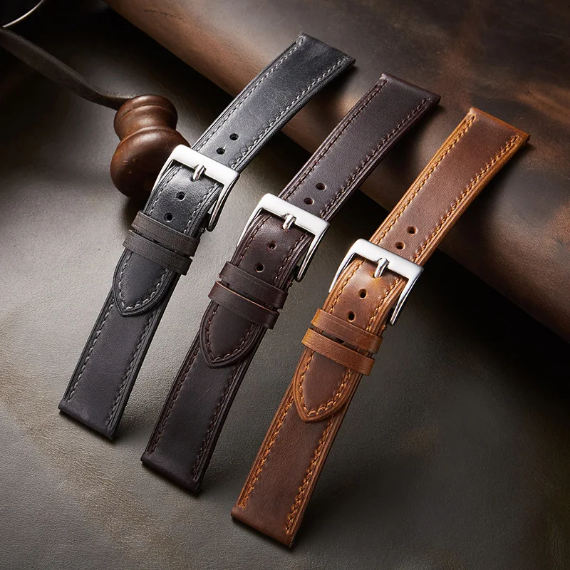 Vintage Style Oil Wax Leather Watchband 18mm 19mm 20mm 21mm 22mm Handmade Watch Strap Wristband Accessories for Men