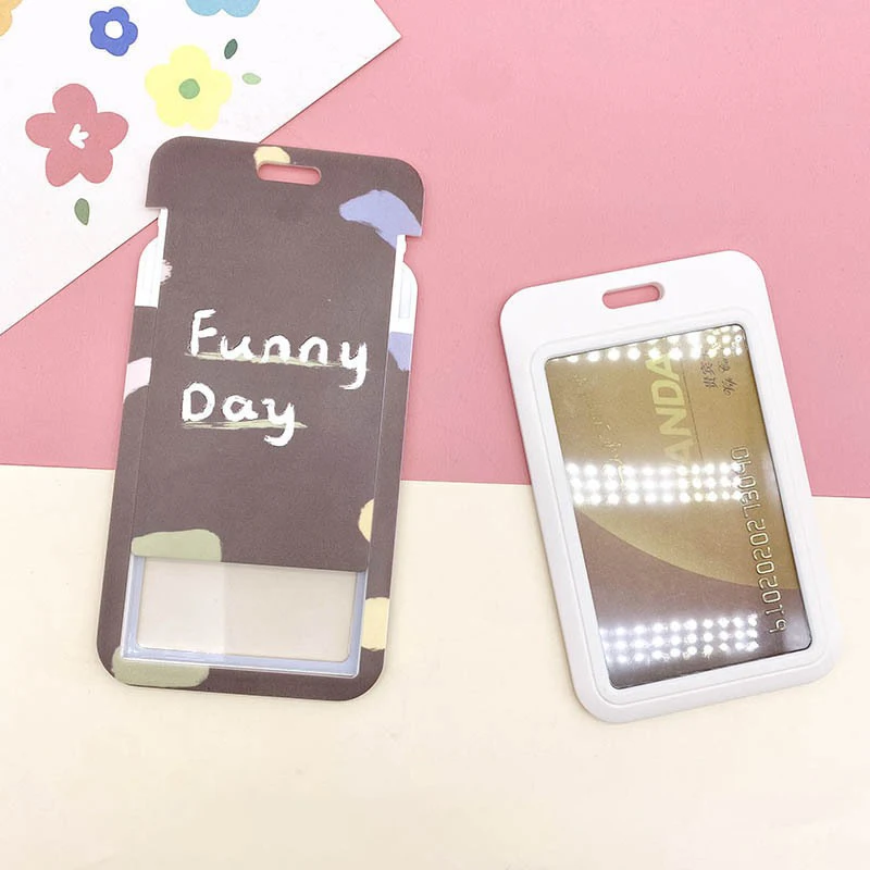 Tarjetero de acceso de dibujos animados con cubierta deslizante, tarjeta de comida portátil de plástico para estudiantes, tarjeta de autobús con hebilla retráctil, cubierta de tarjeta de identificación