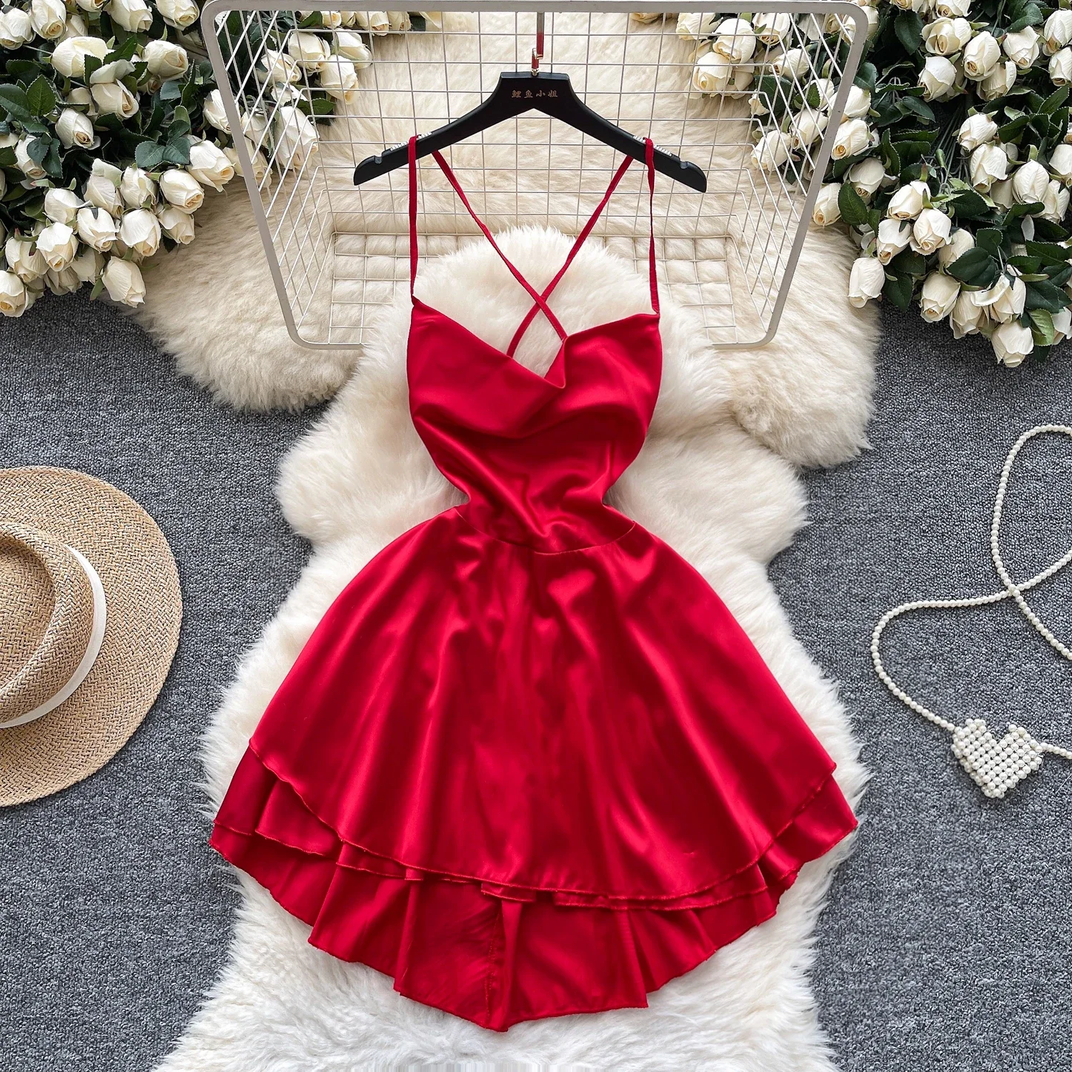 Hotsweet Straps Swinging Collar Elegant Sleeveless Backless Bandage Vintage Satin Sexy Slim Dresses High Street Autumn Clothing