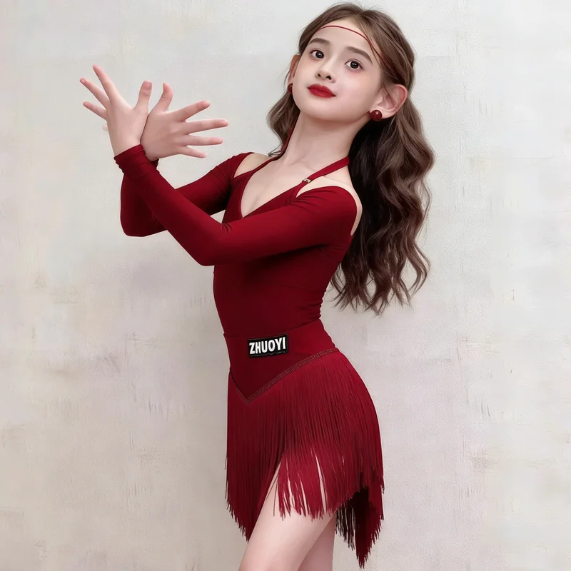 

Детские костюмы для соревнований по латинским танцам чача, детский танцевальный костюм для выступлений, платья с бахромой для латинских танцев для девочек