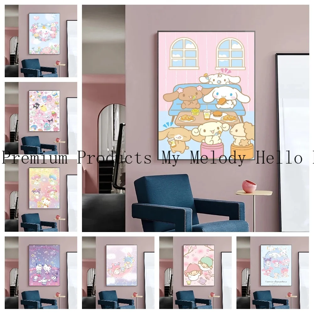 

Anime Peripheral Sanrio Poster Art My Melody Cinnamoroll Hello Kitty Canvas Painting Print Children's Room Decoration Gift