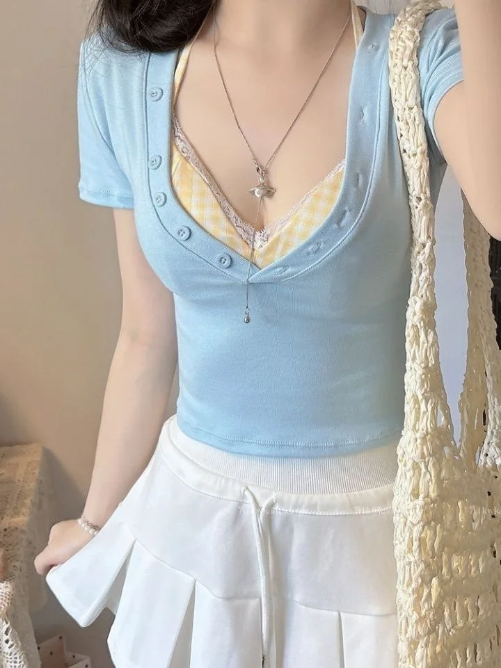 Sexy V-neck Low-cut Button Short Sleeve T-shirt Women's Summer Slimming with Chest Pad Two-piece Set Versatile Trendy Top
