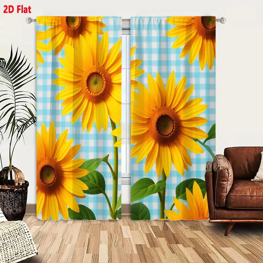 2Pcs Curtains 2D Flat Bright Yellow Sunflowers On Light Blue And White Gingham Background Pattern Fresh Summery Decorative Seaml