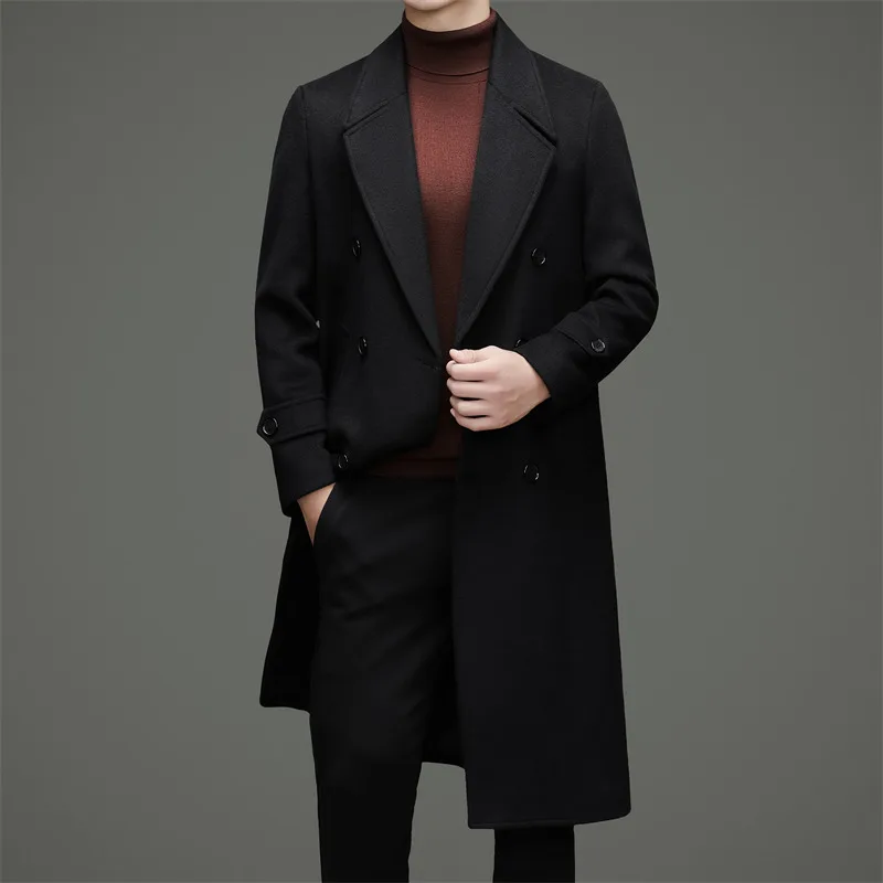 

Men Wool Overcoat Old Money Look Winter Double Breasted Notched Collar Design Woolen Blend Coat Black Gray Coffee Color Topcoat