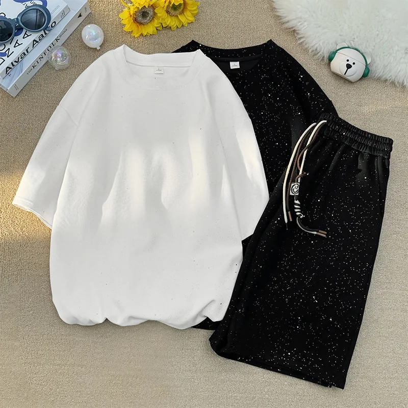 Short Sleeve Suit Men Fashion Diamond O-neck Short Sleeve T Shirt Loose Casual High Street Black Drawstring Shorts 2 Piece Set