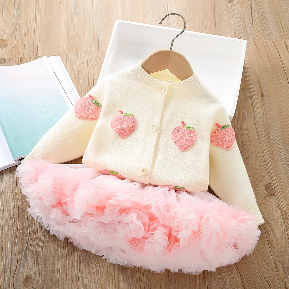 New Baby Korean version cute cardigan knit top+fluffy dress, stylish and sweet outdoor clothing for 0-6 year old girls set