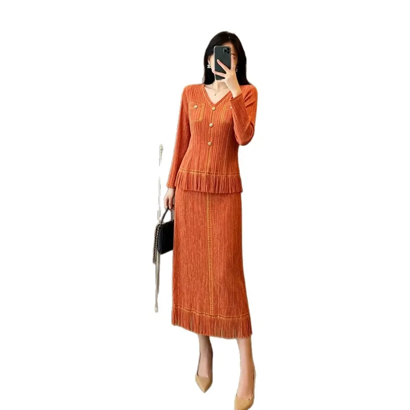 Miyake Pleated 2026 New Spring and Autumn Set for Women V-Neck Button Long Sleeve Top with Tassel Skirt Pleated Two-Piece Set
